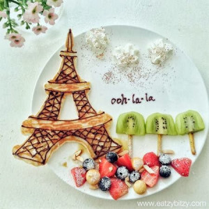 Eiffel Tower whimsical pancake breakfast. So pretty! The clouds are ...