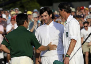 Sunday at The Masters: Louis Oosthuizen congratulates Bubba Watson