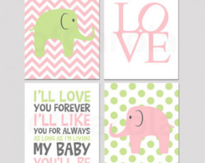 Elephant Wall Art Print Set Four, I 'll Love You Forever Always Quote ...