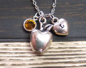 initial necklace, apple necklace, t eacher necklace, birthstone ...