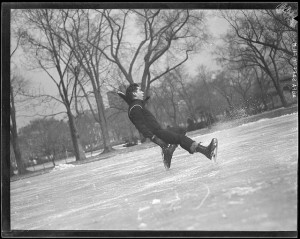 collection of black and white photos of ice skating in the past.