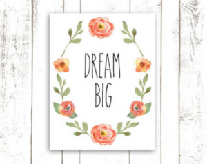Dream Big Art Print - Nursery Quote Typography in Coral Watercolor ...