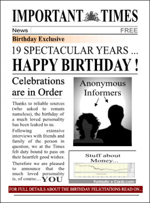Broadsheet newspaper Happy 19th Bday msg