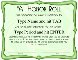 Honor Roll award with modern green frame and green swirl