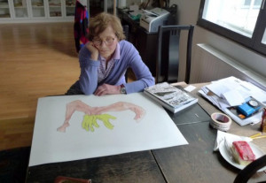 Maria Lassnig taking a pause while signing her 6-color silkscreen ...