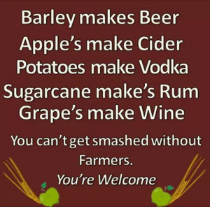 Potato, vodka, beer, barley, apple, cider, wine, grapes, sugar, rum ...