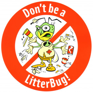Image of a litter bug with a cross through it - Don't be a litterbug!