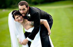bride, cute, groom, happy, love, marriage, piggy back ride, tattoos ...