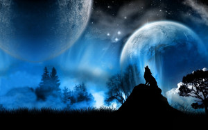 Image fantasy, loup hurlant dans la nuit bleu - loup, nuit, lune ...