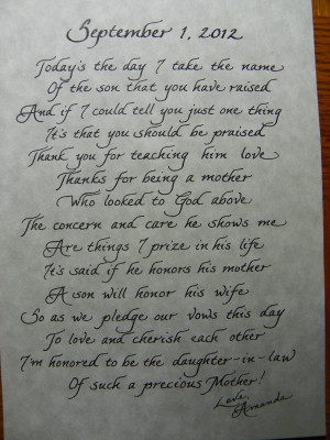 From Bride - Black italic on natural 5 x 7 calligraphy parchment