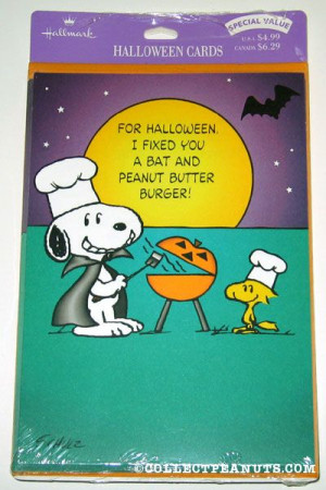 Snoopy & Woodstock grilling at pumpkin shaped grill Halloween Cards