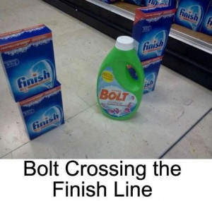 Bolt crossing the Finish line