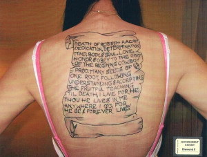 ... shows a tattooed homage to Campbell down a woman’s back. (HANDOUT