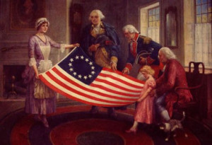 The American Flag being presented to the Founding Fathers.