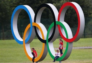 Olympic rings structure at Eton Dorney during the London 2012 Olympic ...