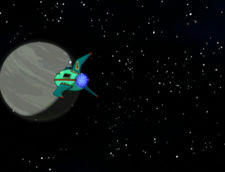 The Planet Express ship flying towards the planet ( 2ACV02 ).