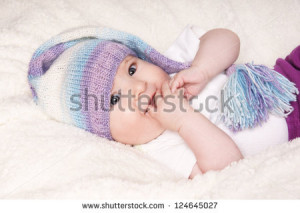 of happy smiling pretty baby in funny hat, studio shot - stock photo ...