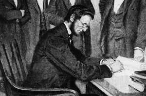 Illustration of President Abraham Lincoln signs the Emancipation ...
