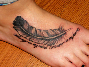 Feather Tattoo On Foot With Quote