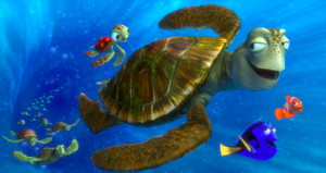 This is Crush the sea turtle (the big one) with Squirt (his son ...