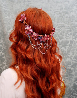 crown red hair, flower, hair, pink, purple, red head