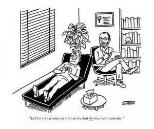 Funny Blogger Therapist Cartoon - Let's try focussing on your posts ...