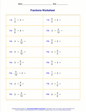 Multiplying Fractions and Whole Numbers Worksheets