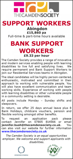 The Camden Society are recruiting support and bank support workers