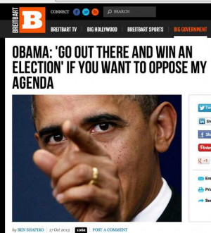 Screencap of Breitbart story: OBAMA: 'GO OUT THERE AND WIN AN ELECTION ...
