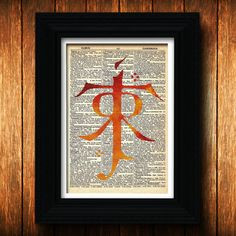 Lord of the Rings symbol print on vintage dictionary paper-Hobbit ...