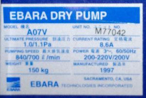 EBARA A07V Dry Vacuum Pump - Rebuilt