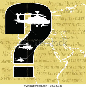 Helicopters, question mark and old map with latin phrases about war ...