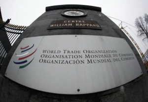 The World Trade Organization WTO logo is seen at the entrance of the ...
