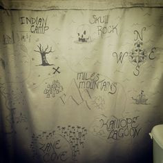 Pirate treasure map shower curtain. Beige curtain and a sharpie! More