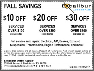Coupon for Fall Savings at Excalibur Auto Repair in Austin TX