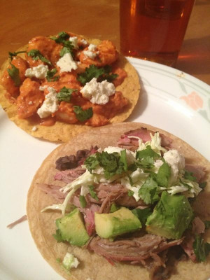 Rick_Bayless smoked pork taco! Chipotle cream shrimp tostada!