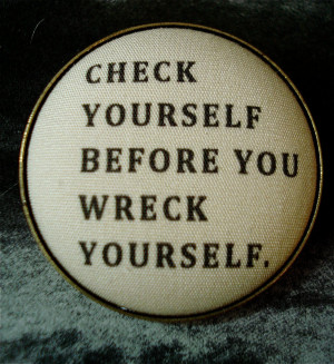 Fabric Button Brooch Check Yourself Humorous Quote Upcycled Brass Pin ...