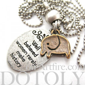 Elephant Cute Animal Round Pendant Necklace in Silver with Quote