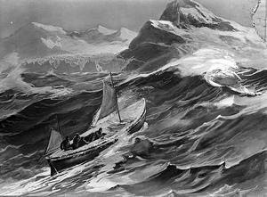 Artist rendering of the crew aboard the James Caird in heavy seas ...