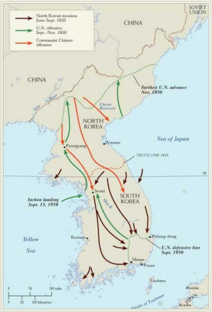 picture of a map of Korea during the war. It shows the North Korean ...