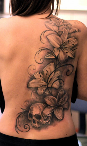 Lilies And Skull Back Tattoo By Blackravenswe
