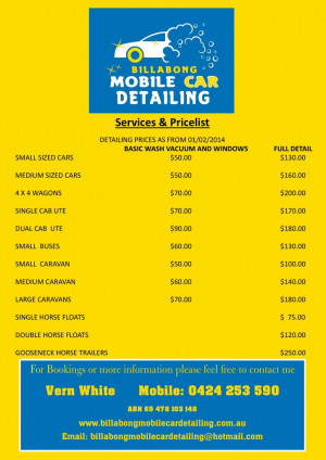 Mobile Auto Detailing Price List