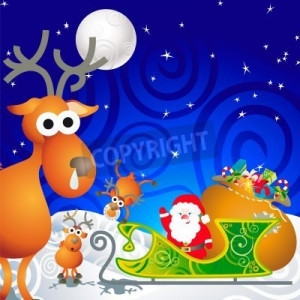 cartoon illustration with santa his sleigh and his reindeer similar