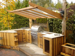small outdoor kitchen barbeque design with wooden outdoor kitchen