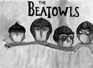art, black and white, cute, drawing, owls, the beatles, the beatowls