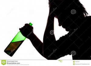 Silhouette of sad man drinking alcohol. Isolated on white.