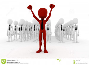 3d man business men following the leader on white back ground.