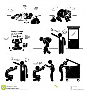 set of pictograms representing homeless man on the street.