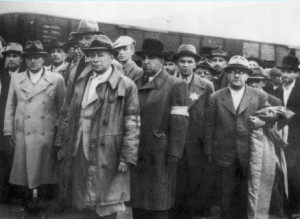 Hungarian Jews walk toward the gas chambers in Krema IV and Krema V