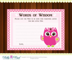 Pink Girl Owl Word of Wisdom Baby Shower Advice Card Printable DIY ...